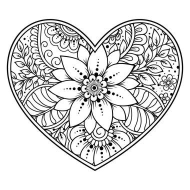 Kına çizimi ve dövme için kalp şeklinde Mehndi çiçek deseni. Etnik doğuya özgü dekorasyon, Hint tarzı. Sevgililer Günü selamları. Boyama kitabı sayfası.