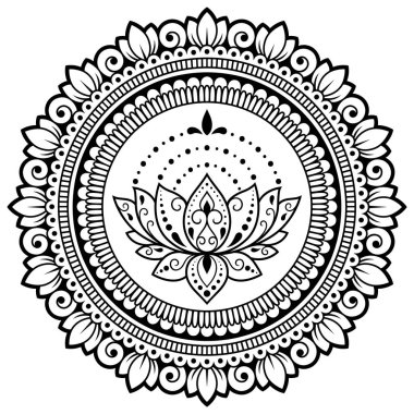 Henna, Mehndi, dövme ve süsleme için nilüfer çiçeği içeren dairesel desen. Etnik doğu tarzında dekoratif süs. Çizim el çizimi vektör illüstrasyonuName.