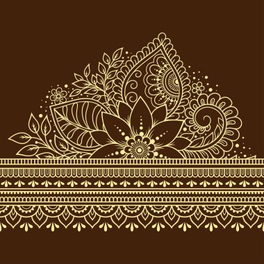 Kına çizimi ve dövme için Mehndi çiçeğiyle kusursuz sınır deseni. Etnik doğuya özgü dekorasyon, Hint tarzı. Karalama süsü. El çizimi vektör illüstrasyonu.