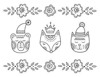 Komik çizgi film çocuk boyası. Gülümseyen bir ayı, bir tilki ve şapkalı bir kedi ve çiçeklerin arasında kapalı gözler. İskandinav tarzı çocuk çizimleri. Halk sanatı.