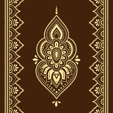 Kına çizimi ve dövme için kusursuz bir mehndi nilüfer çiçeği deseni ve kenarı. Hint tarzında dekoratif karalama süsü. El çizimi vektör illüstrasyonu.