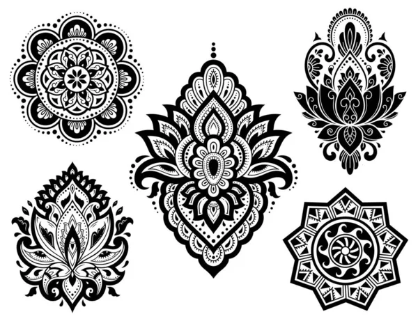 Stor Uppsättning Mehndi Blommönster Lotus Och Mandala För Henna Teckning — Stock vektor