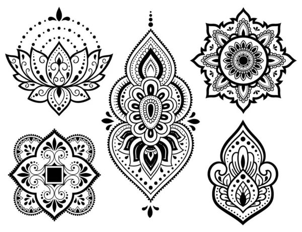 Grande Set Motivo Floreale Mehndi Loto Mandala Disegno Tatuaggio Henna — Vettoriale Stock