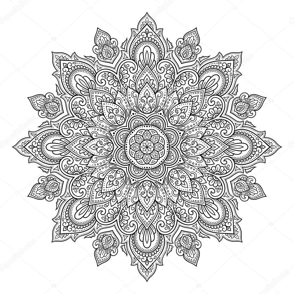 Circular pattern in form of mandala with flower for Henna, Mehndi, tattoo, decoration. Decorative ornament in ethnic oriental style. Outline doodle hand draw vector illustration.