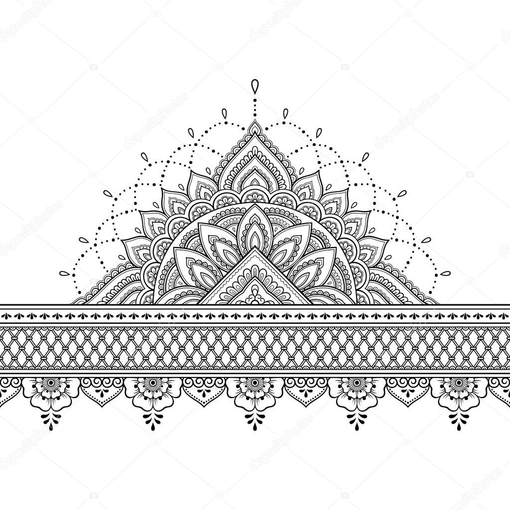 Seamless borders with mandala for design, application of henna, Mehndi and tattoo. Decorative pattern in ethnic oriental, Indian style. Doodle ornament. Outline hand draw vector illustration.