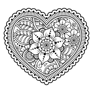 Kına çizimi ve dövme için kalp şeklinde Mehndi çiçek deseni. Etnik doğuya özgü dekorasyon, Hint tarzı. Sevgililer Günü selamları. Boyama kitabı sayfası.