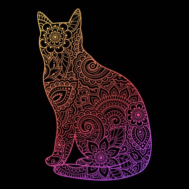 Kedi, doğulu süslemelerle çiçek deseni yapmış. Doodle tarzında el yapımı dekoratif bir hayvan. Pul, kapak, baskı, etiket ve kitaplar için siyah arkaplan üzerine renkli gökkuşağı dekorasyonu.