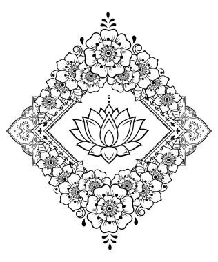 Kınalı dövme dekoratif desenli defter, defter, tabut, kartpostal ve klasör. Mandala, Lotus çiçeği ve Mehndi tarzı sınır. Doğu geleneğinde çerçeve.