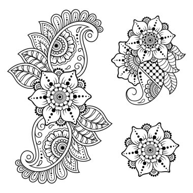 Kına çizimi ve dövme için Mehndi çiçek desenli bir set. Etnik doğuya özgü dekorasyon, Hint tarzı. Karalama süsü. El çizimi vektör illüstrasyonu.