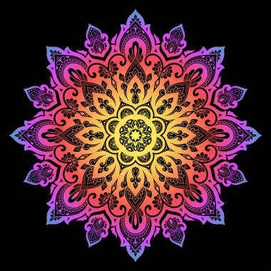 Renkli dairesel desen, mandala şeklinde, çiçek desenli, desenli. Etnik doğu tarzında dekoratif süs. Siyah arkaplanda gökkuşağı tasarımı.