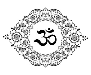 Mandala şeklinde dairesel desen. Kına, Mehndi, dövme, süsleme için. Doğu tarzında dekoratif süs, eski Hindu mantra OM ile. Çizgi karalama vektörü çizimi.