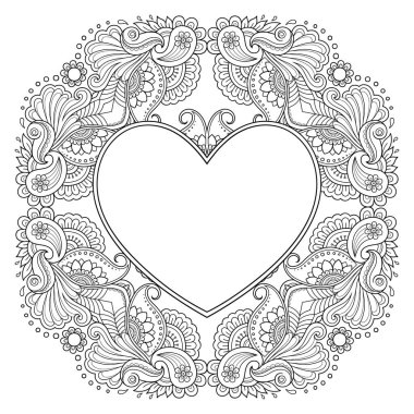 Mandala şeklinde dairesel desen, kalp şeklinde çerçeve. Etnik doğulu mehndi tarzında dekoratif süs. Taslak çizim el çizimi vektör çizimi. Stres karşıtı boyama kitabı sayfası.