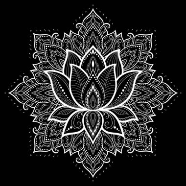 Henna, Mehndi, dövme ve süsleme için nilüfer çiçeği içeren dairesel desen. Etnik doğu tarzında dekoratif süs. Çizim el çizimi vektör illüstrasyonuName.