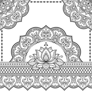 Kınalı dövme dekoratif desenli defter, defter, tabut, kartpostal ve klasör. Mandala, Lotus çiçeği ve Mehndi tarzı sınır. Doğu geleneğinde çerçeve.