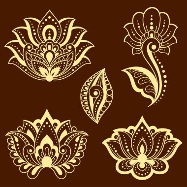 Mehndi çiçeği seti ve kına çizimi ve dövme için nilüfer deseni. Etnik doğuya özgü dekorasyon, Hint tarzı. Karalama süsü. El çizimi vektör illüstrasyonu.