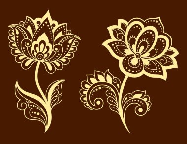 Kına çizimi ve dövme için Mehndi çiçek desenli bir set. Etnik doğuya özgü dekorasyon, Hint tarzı. Karalama süsü. El çizimi vektör illüstrasyonu.