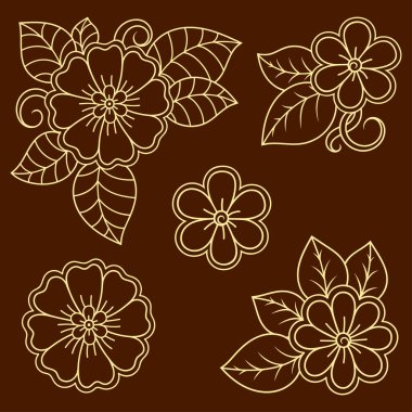 Kına çizimi ve dövme için Mehndi çiçek desenli bir set. Etnik doğuya özgü dekorasyon, Hint tarzı. Karalama süsü. El çizimi vektör illüstrasyonu.