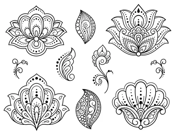 一套用于Henna绘图和纹身的Mehndi花和莲花图案 装饰的民族东方 印度风格 点缀点缀 手绘矢量示意图 — 图库矢量图片