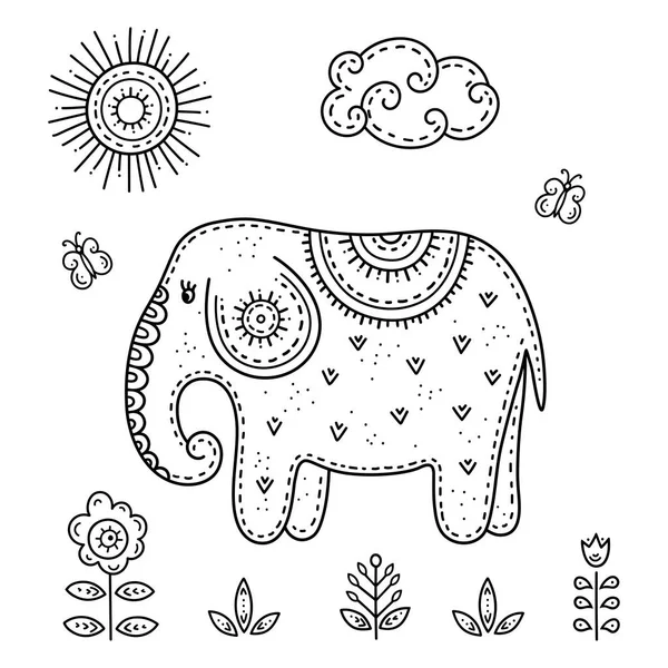 Funny Cartoon Children Coloring Book Elephant Butterflies Meadow Surrounded Flowers — Stock Vector