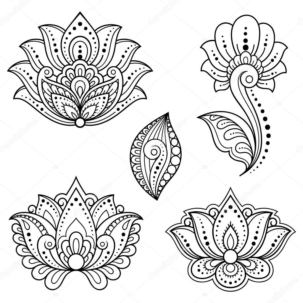 Set of Mehndi flower and lotus pattern for Henna drawing and tattoo. Decoration in ethnic oriental, Indian style. Doodle ornament. Outline hand draw vector illustration.