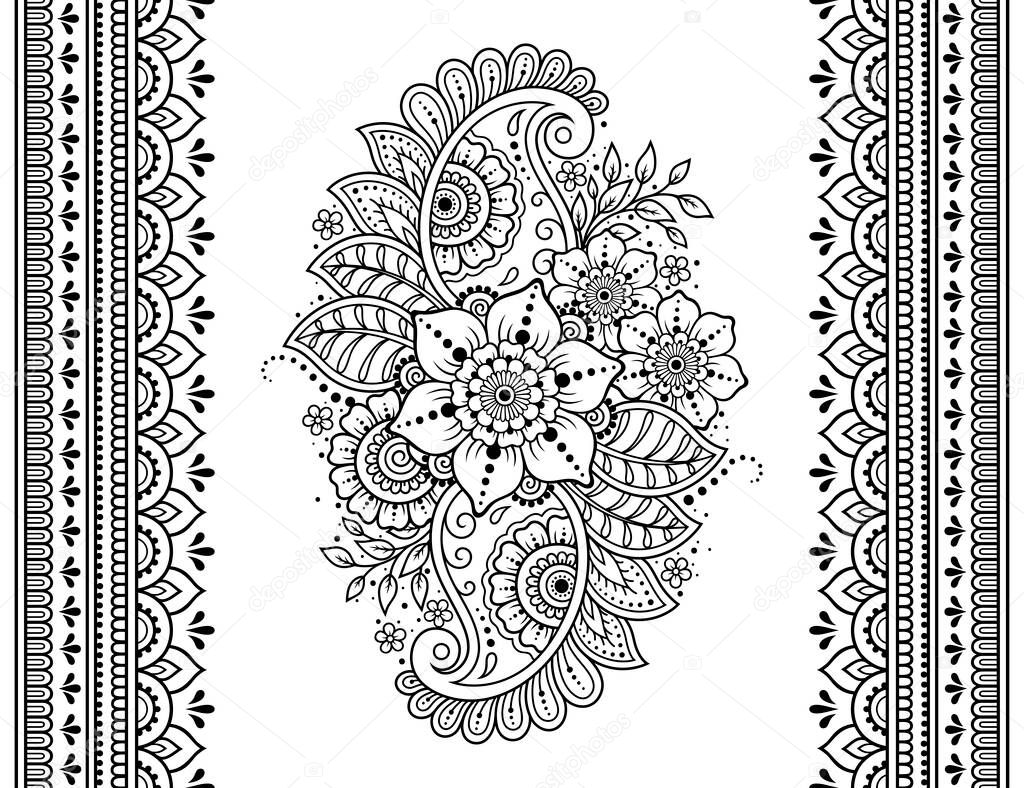 Seamless pattern of mehndi flower and border for Henna drawing and tattoo. Decorative doodle ornament in ethnic oriental, Indian style. Outline hand draw vector illustration.