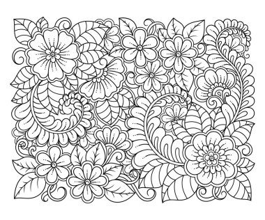 Renkli kitap sayfası için Mehndi tarzında kare desenli taslak. Yetişkinler ve çocuklar için stres önleyici. Siyah beyaz karalama süsü. El çizimi vektör illüstrasyonu.