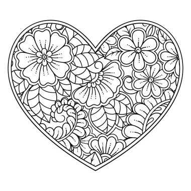 Kına çizimi ve dövme için kalp şeklinde Mehndi çiçek deseni. Etnik doğuya özgü dekorasyon, Hint tarzı. Sevgililer Günü selamları. Boyama kitabı sayfası.