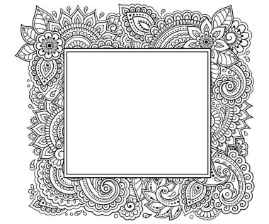 Kınalı dövmeler, defter, tabut, dergi, kartpostal ve klasör için dekoratif desenler. Mehndi tarzında çiçek. Doğu geleneğinde çerçeve.