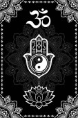 Soubor východních etnických náboženských symbolů. Mandala, Hamsa, OM mantra, Yin Yang, Lotosový květ. Dekorativní vzor pro hennu, mehndi, tetování, dekorace pokojů. Obrázek vektoru osnovy.