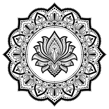 Henna, Mehndi, dövme ve süsleme için nilüfer çiçeği içeren dairesel desen. Etnik doğu tarzında dekoratif süs. Çizim el çizimi vektör illüstrasyonuName.