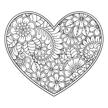 Kına çizimi ve dövme için kalp şeklinde Mehndi çiçek deseni. Etnik doğuya özgü dekorasyon, Hint tarzı. Sevgililer Günü selamları. Boyama kitabı sayfası.