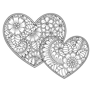 Kına çizimi ve dövme için kalp şeklinde Mehndi çiçek deseni. Etnik doğuya özgü dekorasyon, Hint tarzı. Sevgililer Günü selamları. Boyama kitabı sayfası.