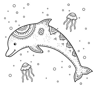 Komik çizgi film çocuk boyası. Denizdeki baloncuklar arasında denizanası olan yunus balığı. İskandinav tarzı çocuğun çizimi.