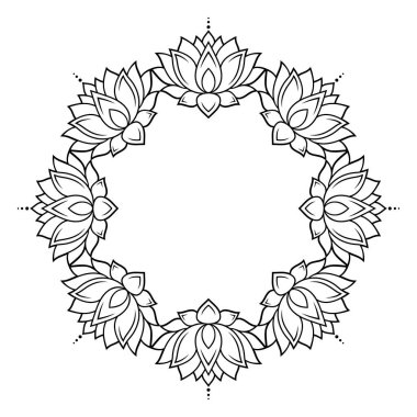 Doğu geleneklerine göre nilüfer çiçeği mehndi tarzıyla dairesel çerçeve. Kınalı dövmeler, kitap, defter, tabut, dergi, kartpostal ve klasör kapakları için dekoratif desenler..