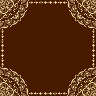Doğu geleneğinde çerçeve. Kınalı dövmeler, defter, tabut, dergi, kartpostal ve klasör için dekoratif desenler. Mehndi tarzında çiçek mandala.