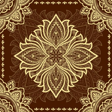 Kınalı dövme dekoratif desenli defter, defter, tabut, kartpostal ve klasör. Mandala, Lotus çiçeği ve Mehndi tarzı sınır. Doğu geleneğinde çerçeve.