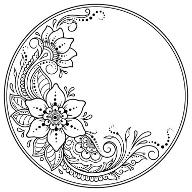 Doğu geleneğinde çerçeve. Kınalı dövmeler, defter, tabut, dergi, kartpostal ve klasör için dekoratif desenler. Mehndi tarzında çiçek mandala.