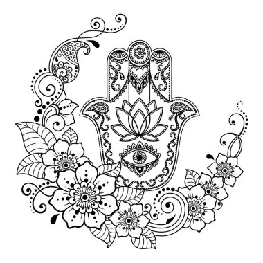 Lotus çiçeğiyle çizilmiş Hamsa el sembolü. İç dekorasyon ve kına çizimleri için doğu tarzı dekoratif desen. Antik işaret 