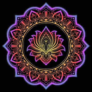 Henna, Mehndi, dövme ve süsleme için nilüfer çiçeği içeren dairesel desen. Etnik doğu tarzında dekoratif süs. Siyah arkaplanda gökkuşağı tasarımı.