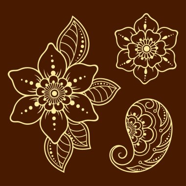 Kına çizimi ve dövme için Mehndi çiçek desenli bir set. Etnik doğuya özgü dekorasyon, Hint tarzı. Karalama süsü. El çizimi vektör illüstrasyonu.