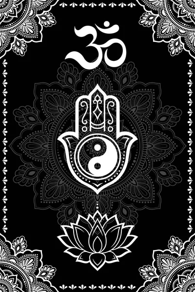 Ensemble Symboles Religieux Ethniques Orientaux Mandala Hamsa Mantra Yin Yang — Image vectorielle