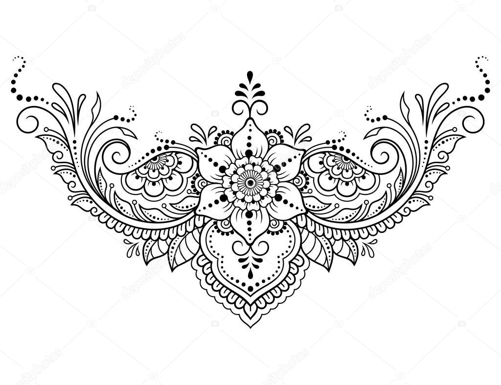 Mehndi flower pattern for Henna drawing and tattoo. Decoration in ethnic oriental, Indian style. Doodle ornament. Outline hand draw vector illustration.