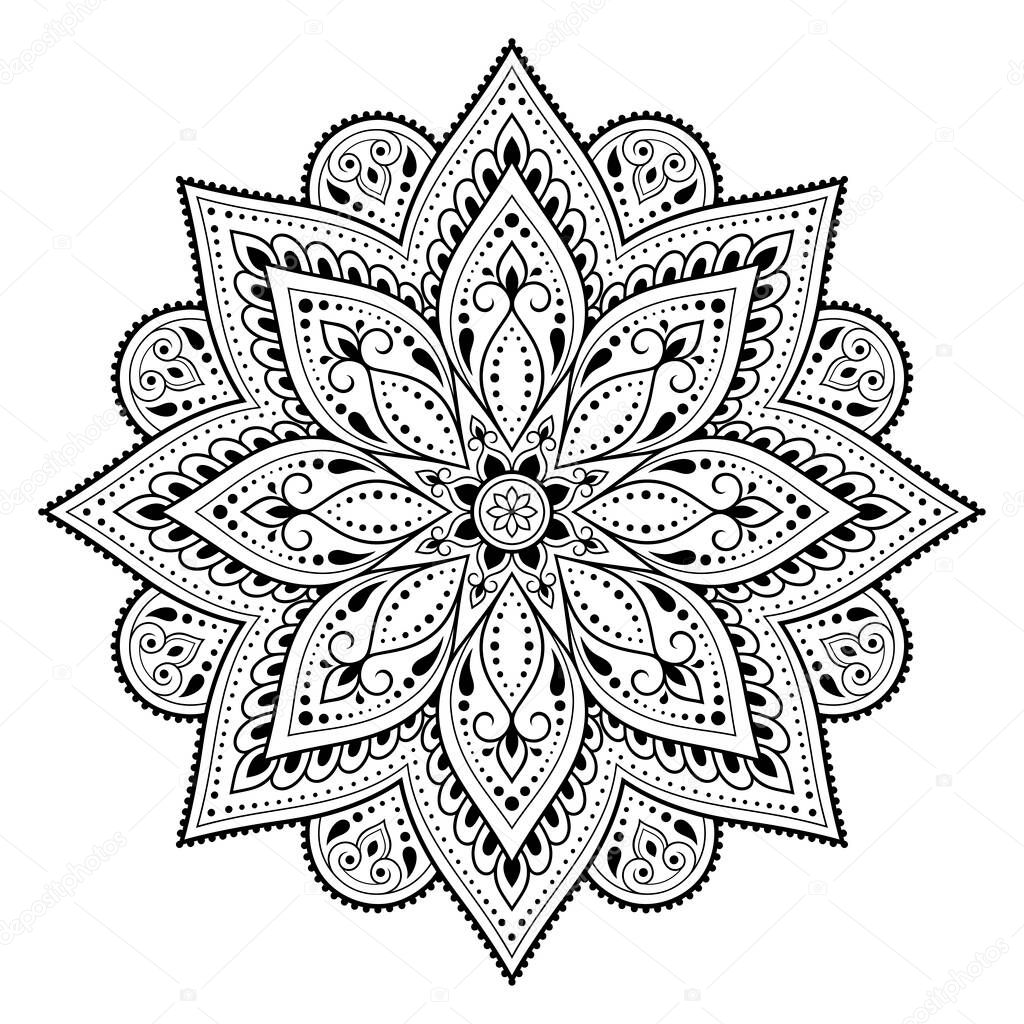 Circular pattern in form of mandala with flower for Henna, Mehndi, tattoo, decoration. Decorative ornament in ethnic oriental style. Outline doodle hand draw vector illustration.