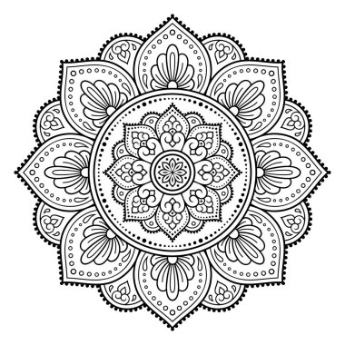 Kına, Mehndi, dövme ve dekorasyon için çiçekli dairesel desen. Etnik doğu tarzında dekoratif süs. Taslak çizim el çizimi vektör çizimi. Boyama kitabı sayfası.