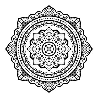 Kına, Mehndi, dövme ve dekorasyon için çiçekli dairesel desen. Etnik doğu tarzında dekoratif süs. Taslak çizim el çizimi vektör çizimi. Boyama kitabı sayfası.
