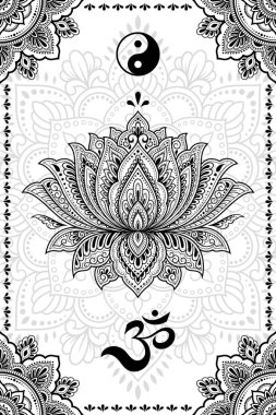 Doğu etnik dini semboller seti. Mandala ve OM mantrası, Yin Yang, Lotus çiçeği. Kına için dekoratif desen, mehndi, dövmeler, oda dekorasyonu. Çizgi karalama vektörü çizimi.