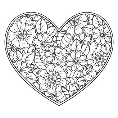 Kına çizimi ve dövme için kalp şeklinde Mehndi çiçek deseni. Etnik doğuya özgü dekorasyon, Hint tarzı. Sevgililer Günü selamları. Boyama kitabı sayfası.
