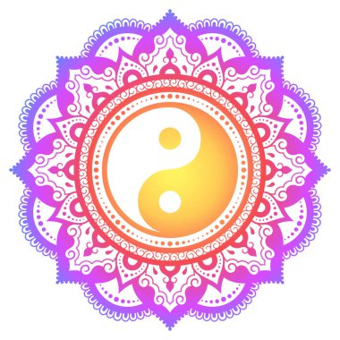 Mandala şeklinde renkli dairesel desen ve eski el çizimi sembolü Yin-yang süsleme için. Doğu tarzında dekoratif süsler. Beyaz arkaplanda gökkuşağı tasarımı.