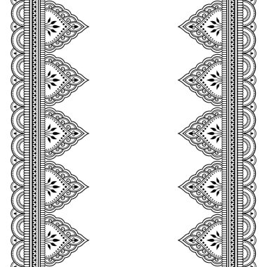 Kına çizimi ve dövme için Mehndi çiçeğiyle kusursuz sınır deseni. Etnik doğuya özgü dekorasyon, Hint tarzı. Karalama süsü. El çizimi vektör illüstrasyonu.