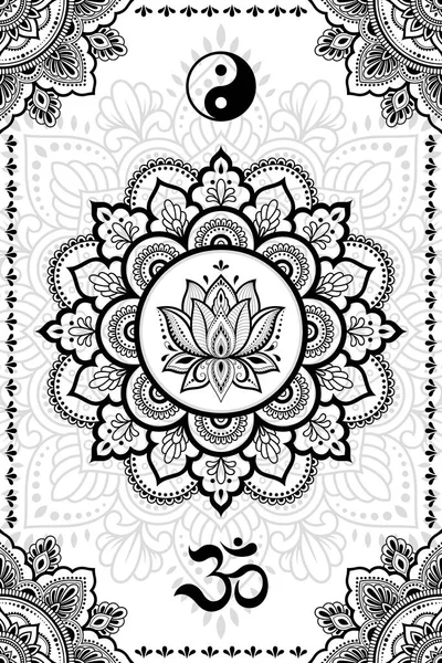 Conjunto Símbolos Religiosos Étnicos Orientales Mandala Con Mantra Yin Yang — Vector de stock